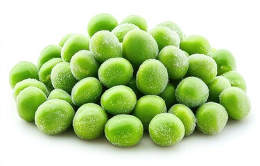 Frozen peas piled high. Freshly frozen, small, round, green peas covered in a fine frost.  A close-up view against a white background