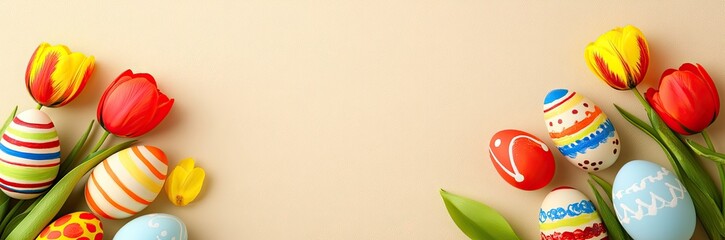 Colorful Easter eggs and tulips arranged on a beige background