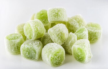Pile of light green, sugary, small,  cubed candies.  Close-up view of frosted treats