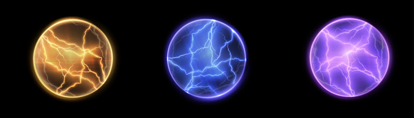 Set of glowing electric spheres with crackling energy and plasma effect on black background. Light effect for sci-fi design, magical UI elements and game visuals.