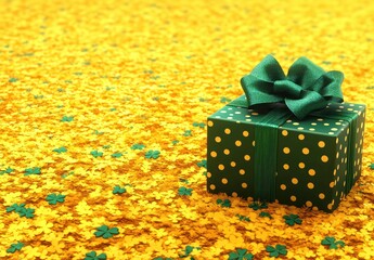 Gift box with green ribbon and gold polka dots sits on a bed of yellow clover