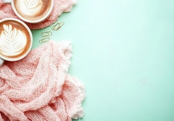 Two lattes with latte art, a soft pink knitted throw, and gold paperclips on a mint green background