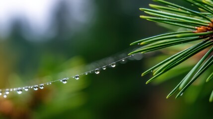Close-up of dew drops on a pine needle strand in a lush forest setting during morning light