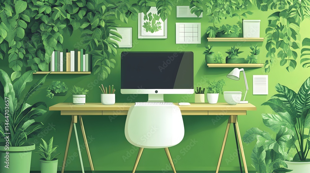 Poster a computer desk with a green monitor and a keyboard