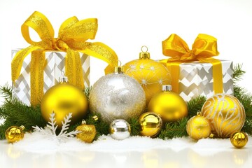 Festive Christmas gifts and ornaments in gold and silver, adorned with yellow ribbons, nestled among pine branches and snow
