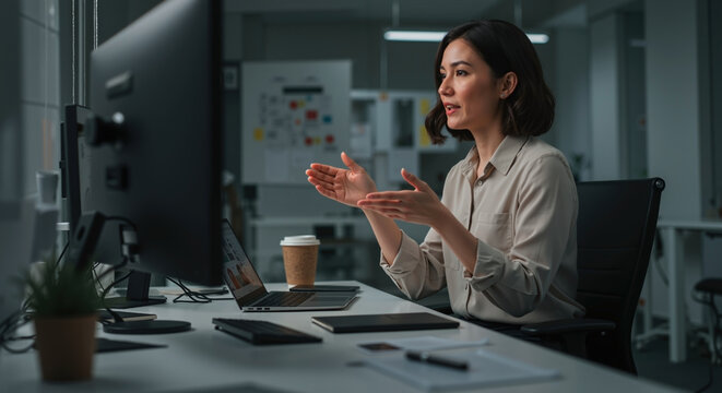 Asian businesswoman in striped shirt having video conference in office. Woman gesturing while explaining project on computer screen. Remote team communication and virtual meeting concept.