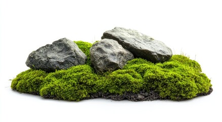 Mossy rock outcrop, isolated on white.?Small, grey and dark gray stones atop a bed of vibrant green moss, set against a pure white background