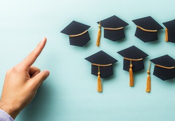 A hand points towards a graduation cap, amidst others.  A selection process concept
