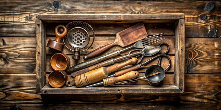 A Rustic Wooden Box Filled with Antique Kitchen Utensils and Tools, Displaying a Collection of Vintage Cooking Implements