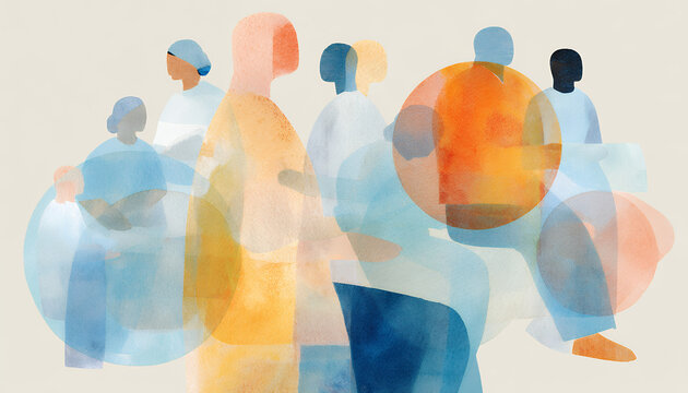 abstract watercolor style illustration of people talking in group with translucent overlapping silhouettes and speech circle shapes, concept art for communication dialogue community and social interac