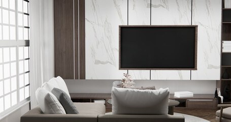 Cabinet wall shelves on empty room with decoration ,lamp, plants, carpet, sofa.3D rendering