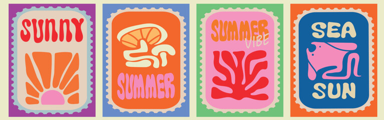 Summer vibe. Vector summer minimal art illustration of postage stamp with beach, flowers, wave, sea, sun, fruits for poster, card, background, invitation, print, icon or flyer.