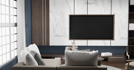 Gray blue wall Living Room Interior Design have sofa modern and decoration. 3D rendering