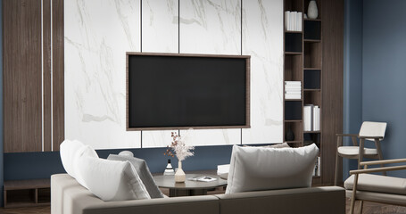 Gray blue wall Living Room Interior Design have sofa modern and decoration. 3D rendering