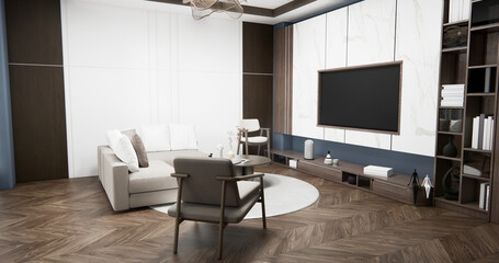 Gray blue wall Living Room Interior Design have sofa modern and decoration. 3D rendering