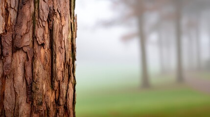 Fototapeta premium Close-up of a textured tree trunk in a foggy landscape with blurred trees in the background