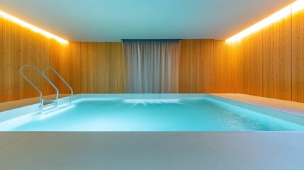 Serene indoor pool with waterfall clean design blue water wood accents