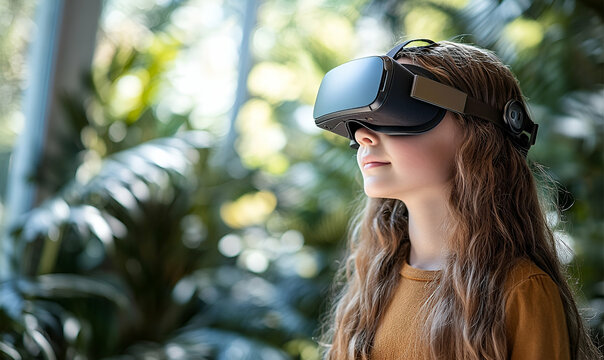 Young Girl Wearing Virtual Reality Headset Outdoors in Lush Tropical Setting
