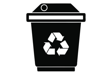 Black disposable cup with recycling emblem illustrates sustainable practices in a minimalist, isolated format