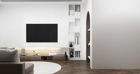 Cabinet wall shelves on empty room with decoration ,lamp, plants, carpet, sofa.3D rendering