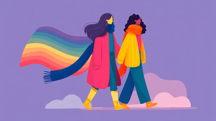 minimalist illustration of diverse people walking with rainbow pride flag, symbolizing lgbtq equality freedom inclusion and solidarity in a clean colorful design with soft abstract background