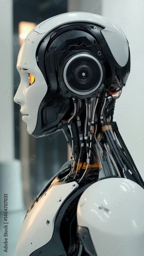 Poster an advanced humanoid robot with expressive eyes is displayed in a high tech facility showcasing cutt