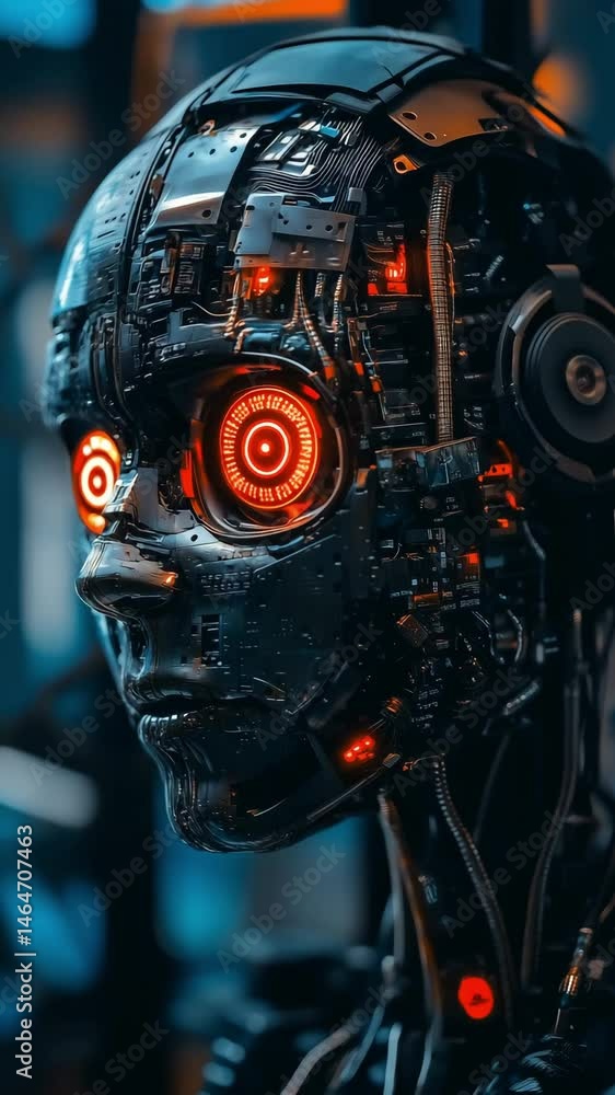 Poster a detailed view of a robotic face with glowing eyes, highlighting intricate circuitry and technology