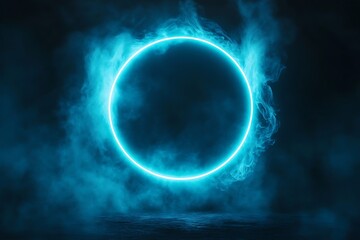 Fototapeta premium Blue neon circle with smoke on a black background. 3d rendering