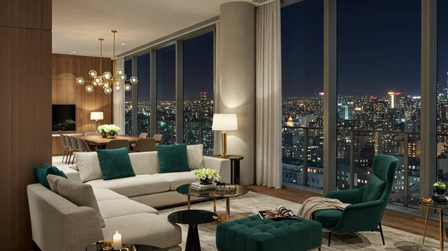 Luxury apartment interior with city night views