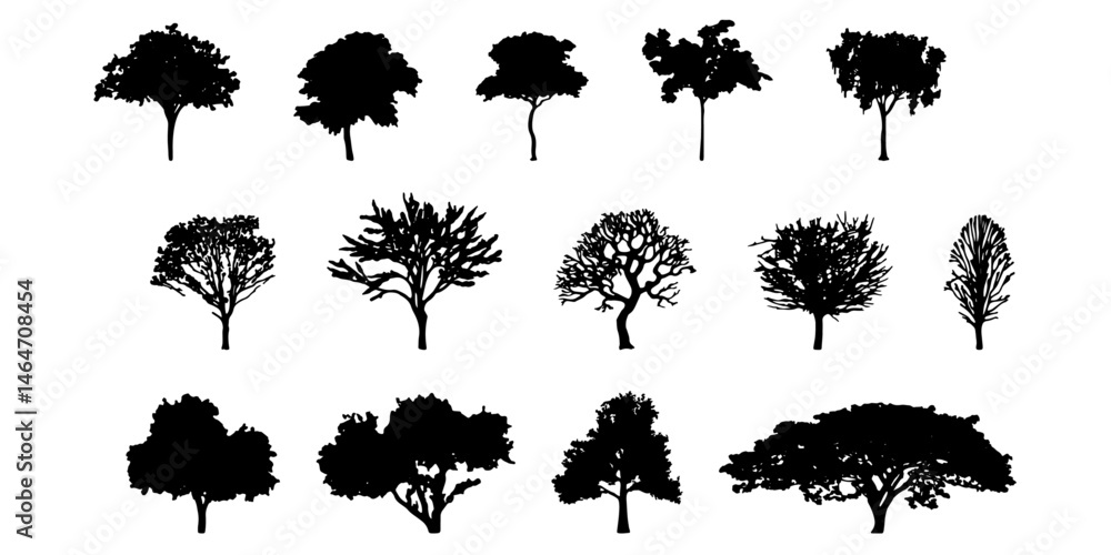 Aufkleber silhouette tree line drawing set, Side view, set of graphics trees elements outline symbol for architecture and landscape design drawing. Vector illustration in stroke fill in white. Tropical