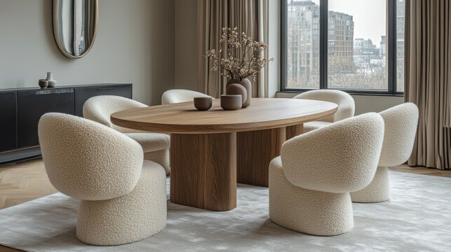 Modern dining room with light-beige upholstered chairs around a light-brown wooden oval table