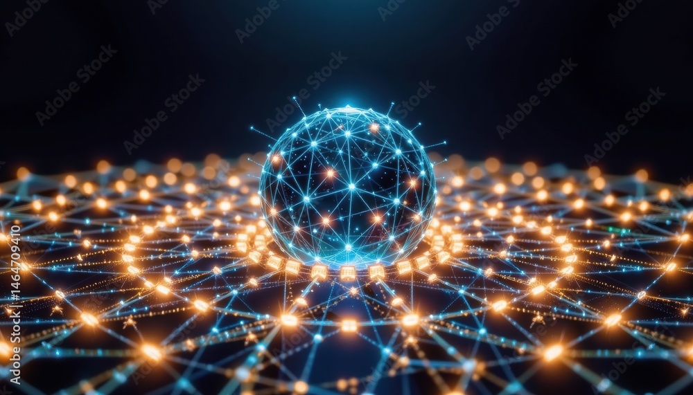 Poster abstract network design with glowing connections and sphere.