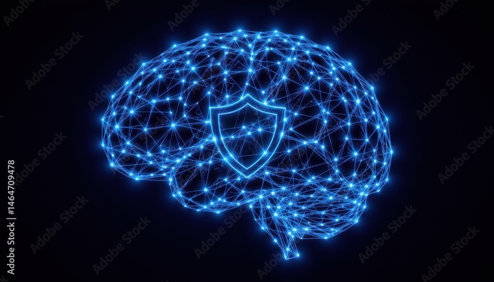 Poster digital brain with a shield symbolizing protection.