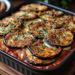 Delicious Eggplant Parmesan Casserole in Black Baking Dish