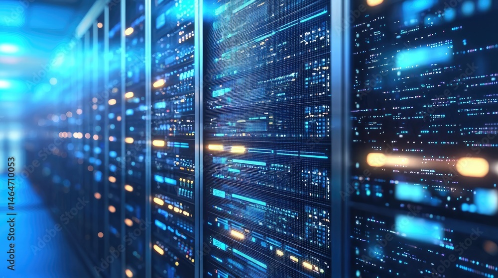 Poster Perspective view of blue server racks with glowing lights in a futuristic data center, representing secure storage, cloud solutions, and digital communications technology