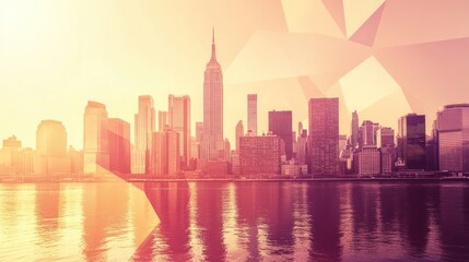 Obraz premium Geometric cityscape sunset view over a waterfront.