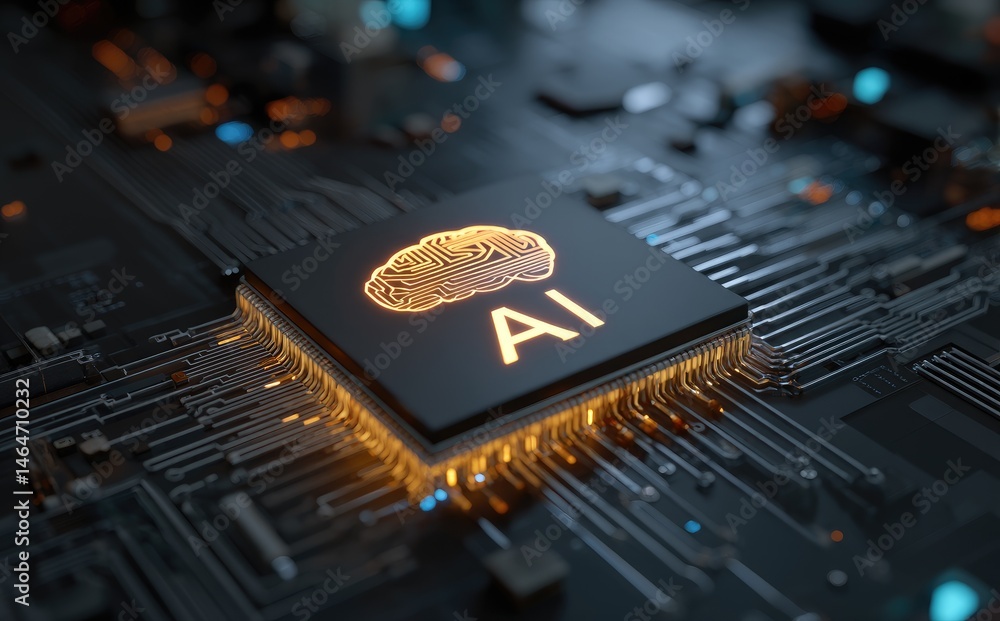 Poster Close-up 3D render of an AI microchip glowing on a circuit board, symbolizing artificial intelligence and modern technology, ideal for tech innovation concepts