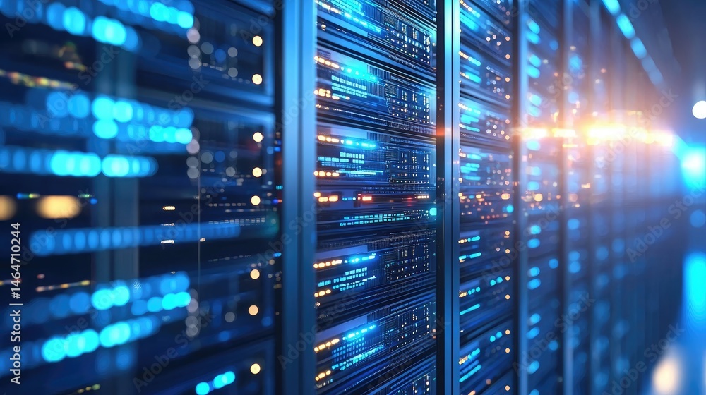 Aufkleber futuristic blue server room glowing with digital data lights, showcasing advanced data storage, secu