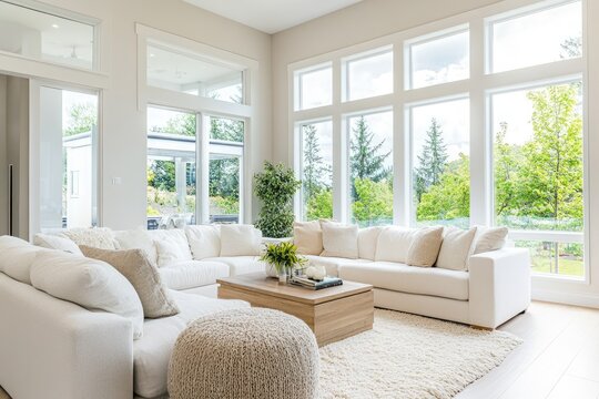 Modern, bright living room with expansive windows