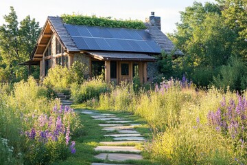 Obraz premium Rustic home nestled within a vibrant wildflower meadow.