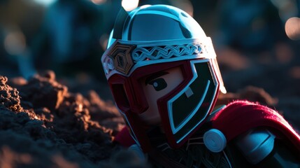 Fototapeta premium Close-up of a armored figure with metallic helmet, red cape, braided band, and dark accents amidst textured earth