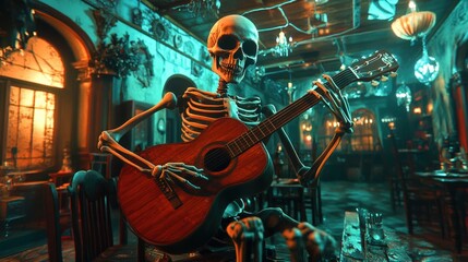 A skeletal musician plays guitar in a spooky restaurant.
