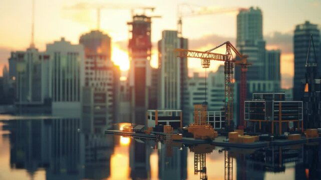 Stylized cityscape at sunset with golden-orange sky, diverse buildings, waterway, and construction cranes symbolizing ongoing development and architectural variety.
