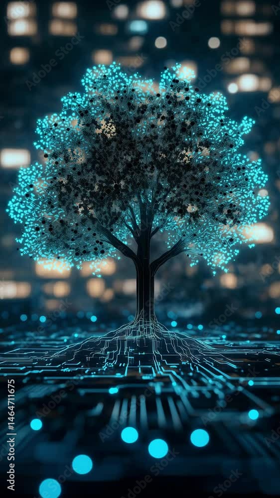 Poster a tree adorned with glowing lights stands tall above a circuit board with a cityscape backdrop, crea