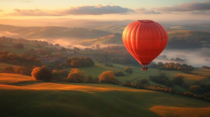 Obraz premium Red hot air balloon soaring over misty valley at sunrise.