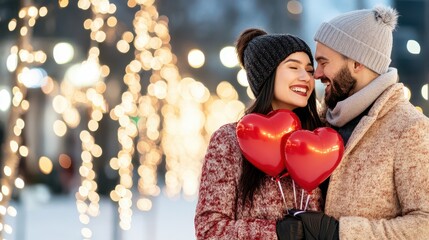 Romantic Serenade: A smiling couple embraces on a serene winter evening, holding heart-shaped balloons and basking in the soft glow of string lights. The scene exudes love, warmth, and togetherness.