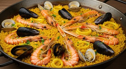 Seafood paella in pan with saffron