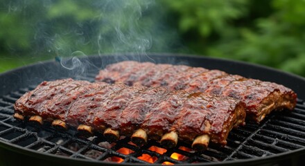 Barbecue ribs on grill with smoke
