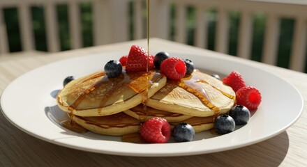Pancakes with maple syrup and berries