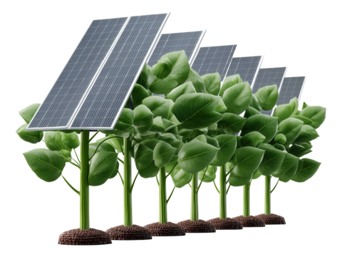 Row of solar panels designed like green plants with leaves and soil bases on transparent background.